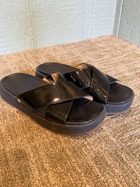 UGG Women’s Black Patent Crossover Slide Sandals